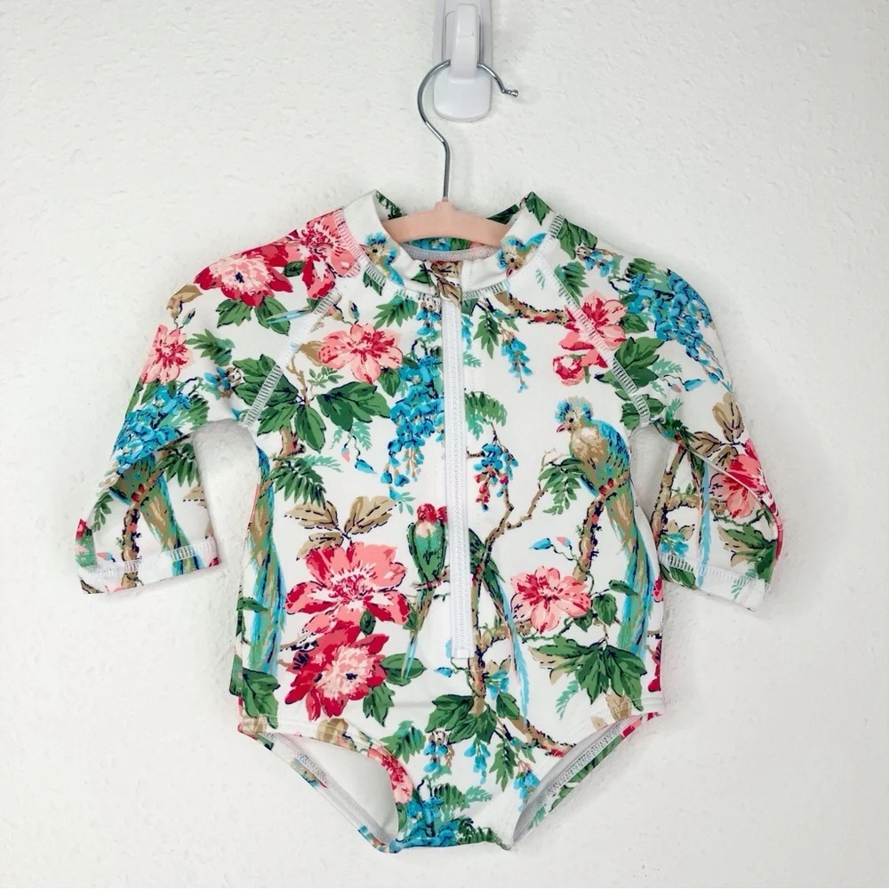 NWT Janie and Jack rash guard swimsuit white tropical floral w ruffles 0-3 month